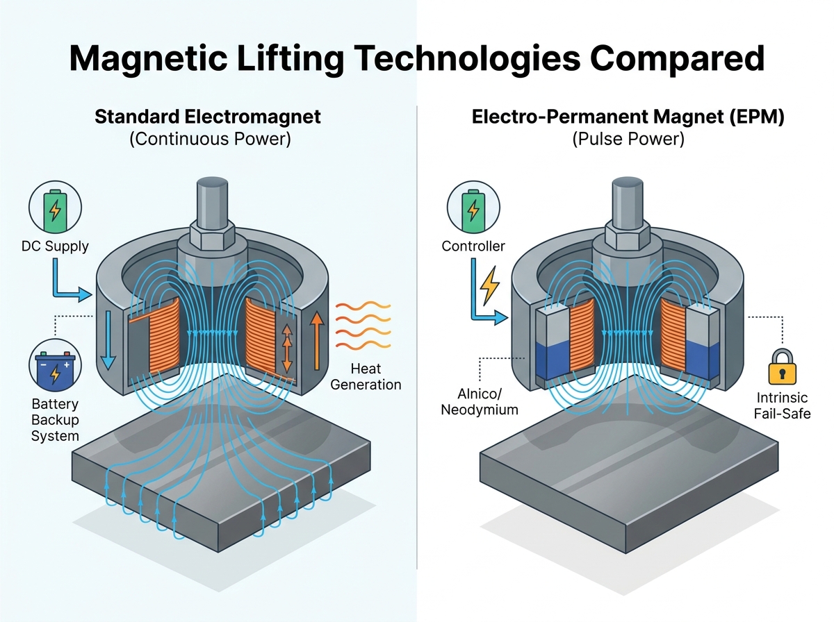 Elettromagnete di sollevamento industriale che fissa un carico di acciaio pesante