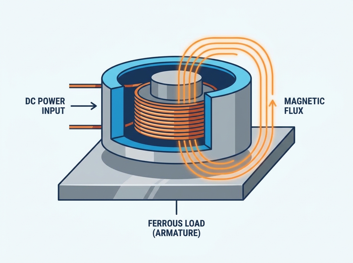 Elettromagnete di sollevamento industriale che movimenta carichi pesanti di acciaio in un ambiente di fabbrica